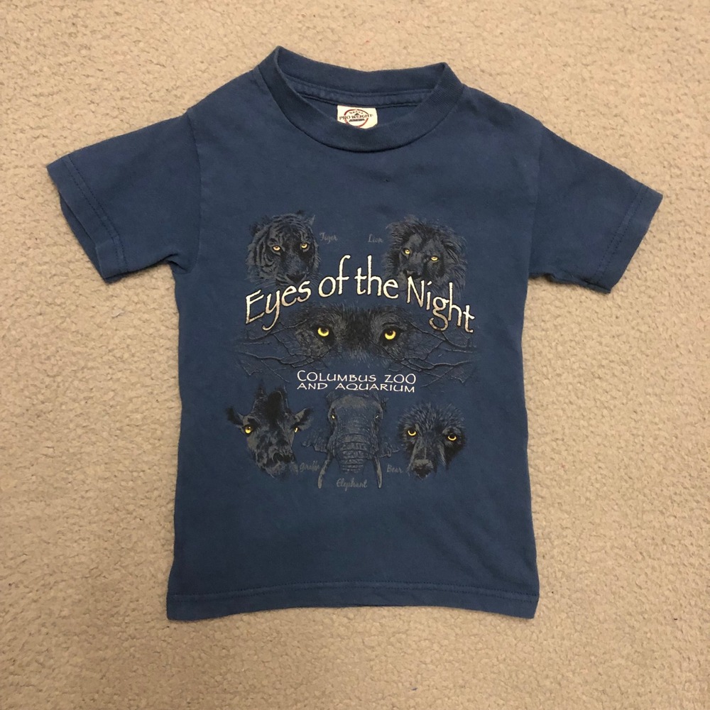 Vtg Columbus Zoo Eyes of the Night Graphic Tee Blue Youth XS Nature Animals